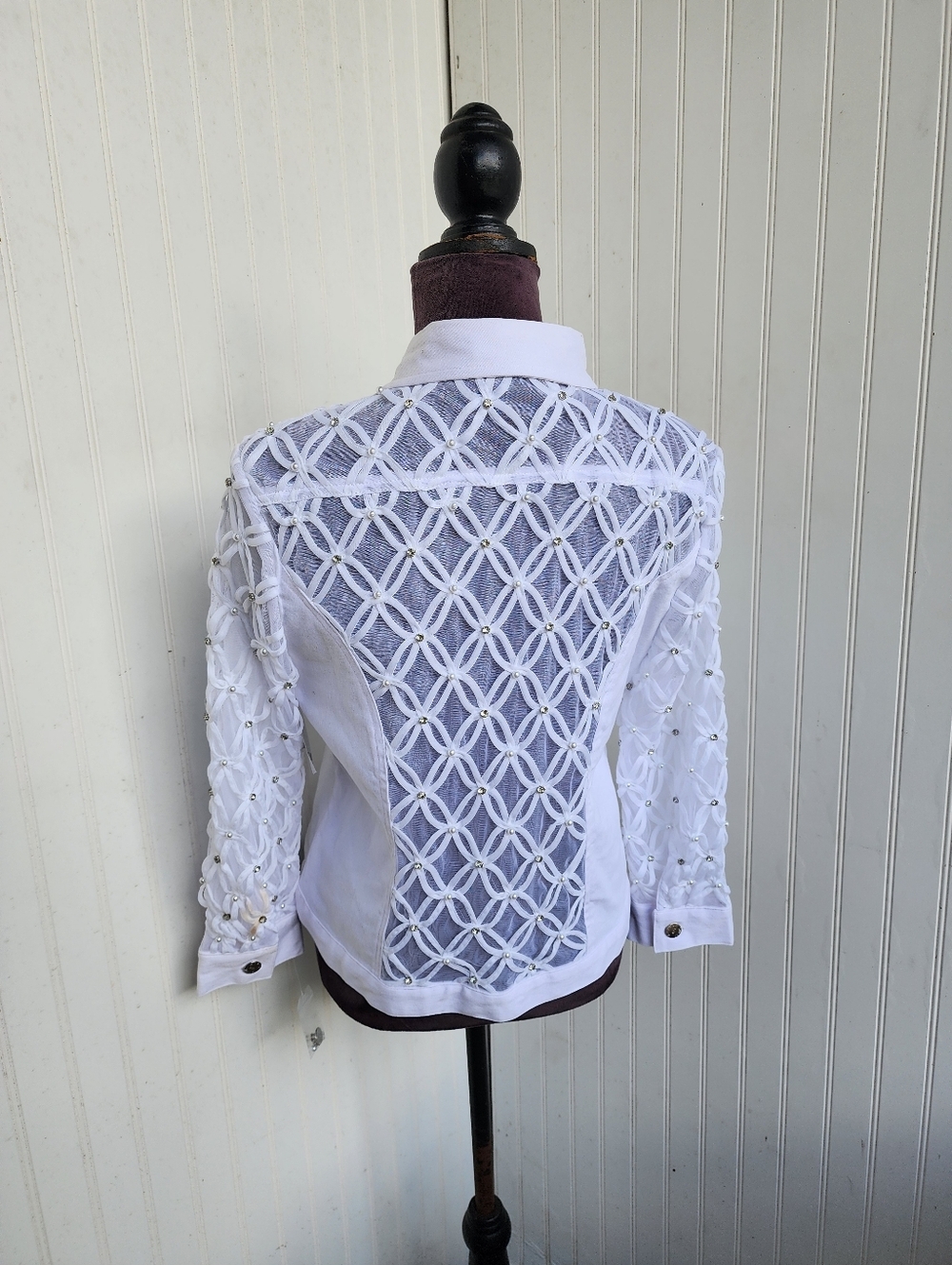 NWT AZI "Renee" White Denim JacketLace Sheer Sleeves Stretch Sz M - Picture 7 of 16